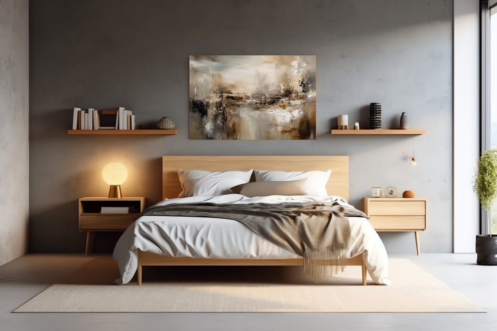 Modern bedroom with neutral colors, abstract wall art, wooden bed and framemahal decor.