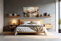 Modern bedroom with neutral colors, abstract wall art, wooden bed and framemahal decor.