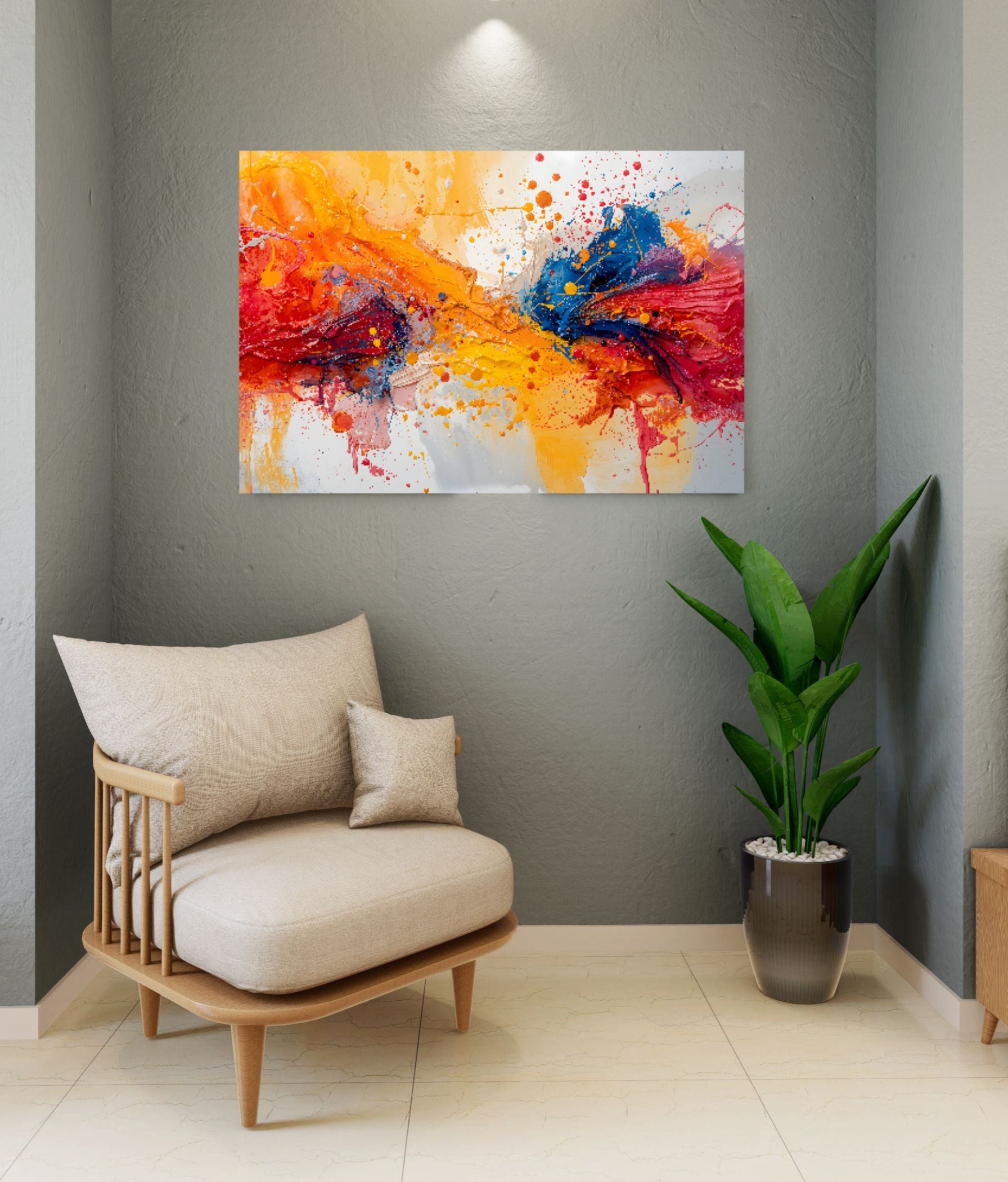 Modern living room with abstract colorful wall art, beige armchair, and potted plant, framemahal