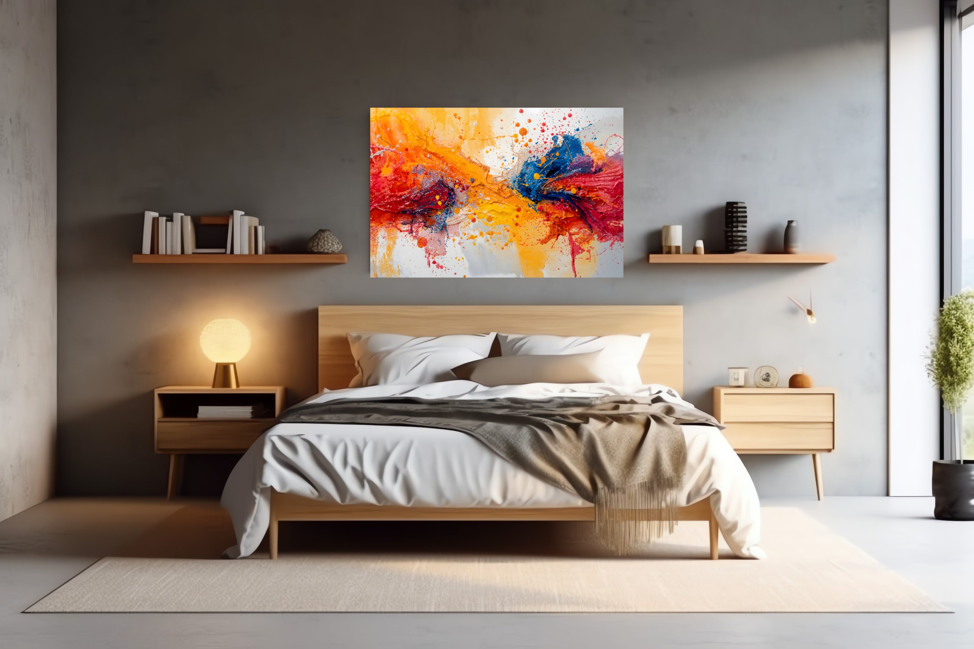 Modern bedroom with abstract orange and blue wall art, wood furniture, and cozy lighting framemahal