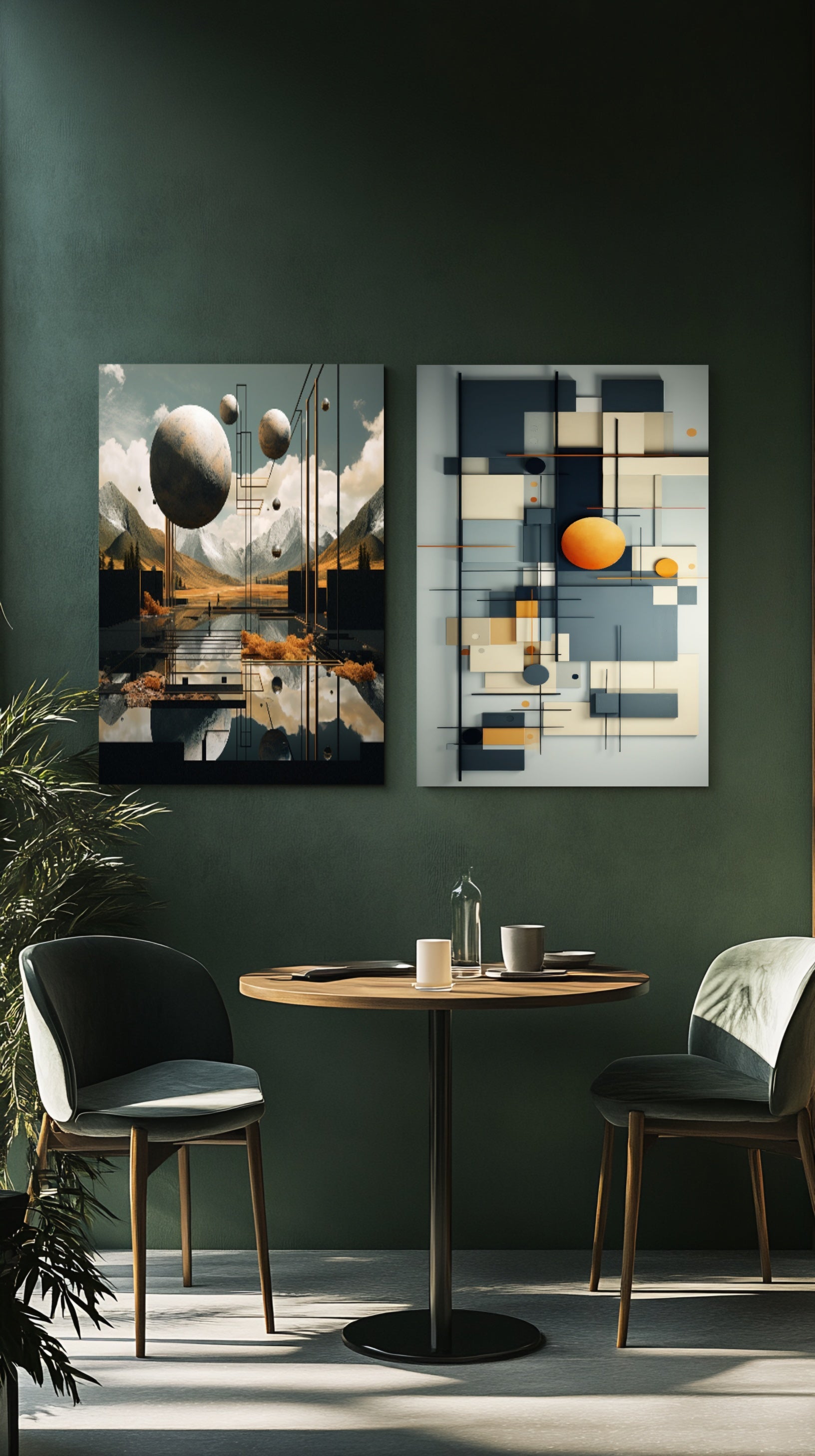 framemahal modern dining area with round table, green chairs, and abstract wall art