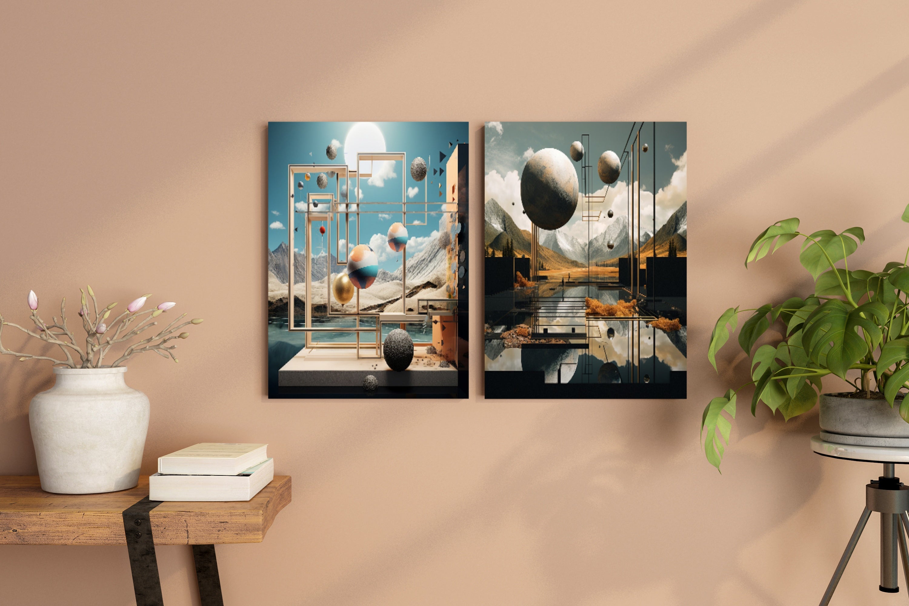 Modern geometric art prints with floating spheres in gold frames on a beige wall, framemahal decor