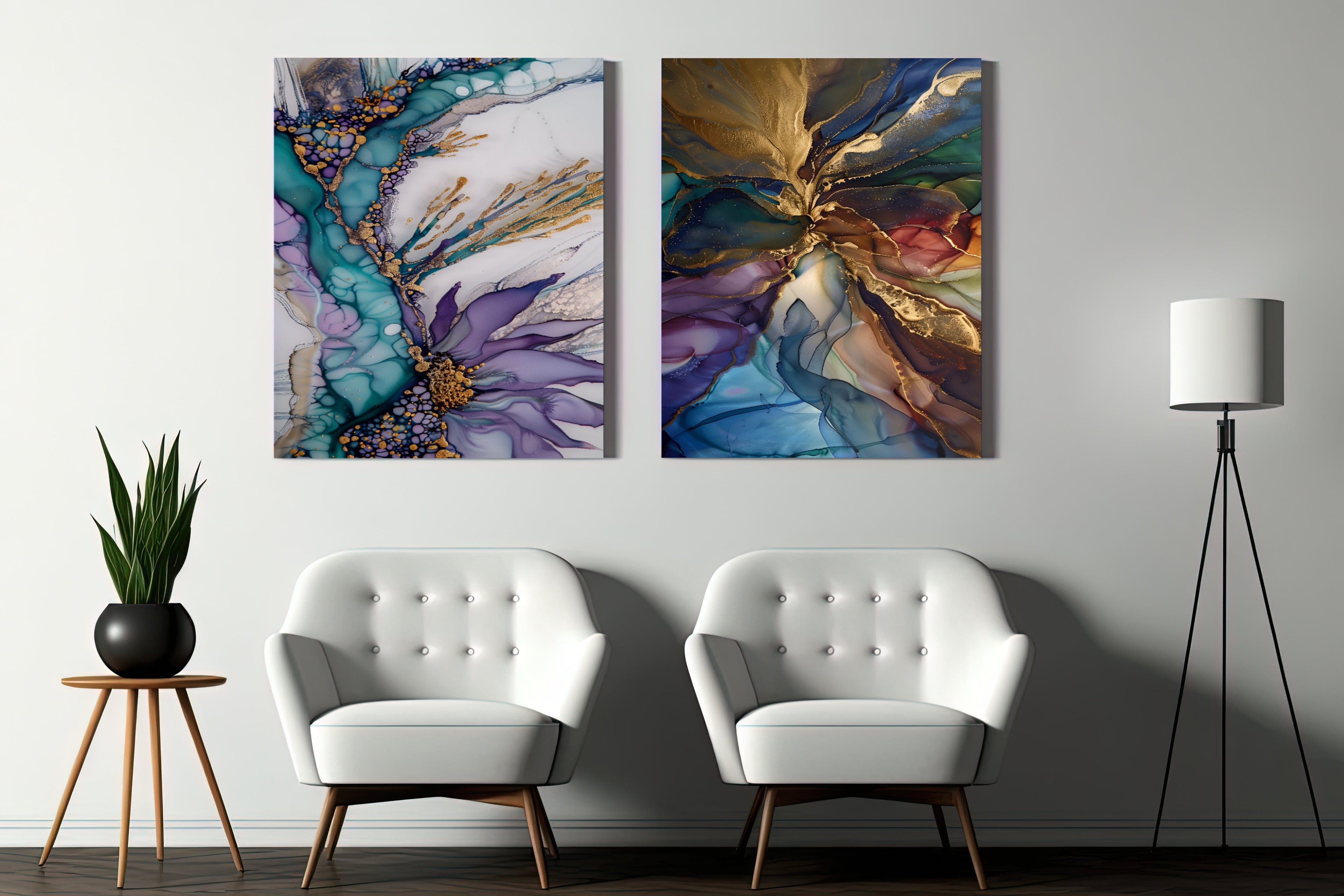 Modern living room with two white chairs, abstract art wall decor, and stylish plant, framemahal