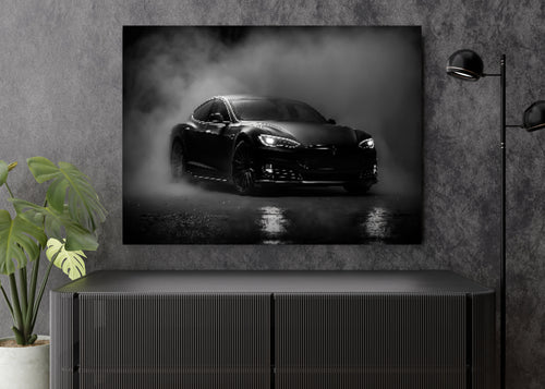 Framemahal modern wall art with black sports car and smoke in a stylish interior setting