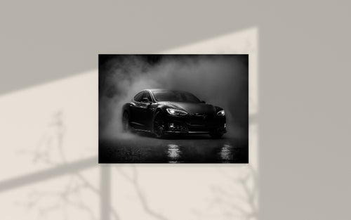 Framemahal wall art of a sleek black car in mist, modern automotive decor print