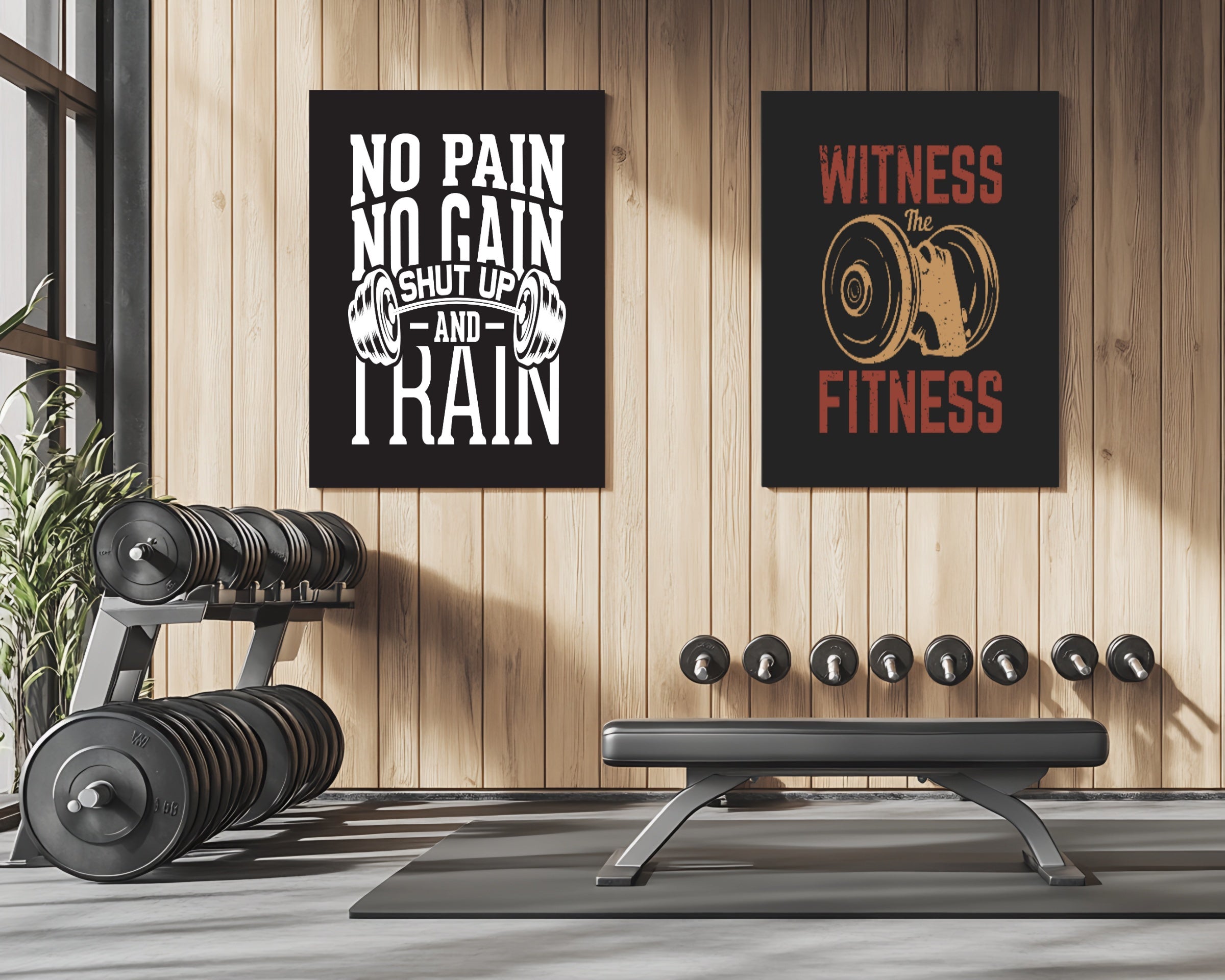 framemahal gym wall art with motivational fitness posters, dumbbells, and workout bench